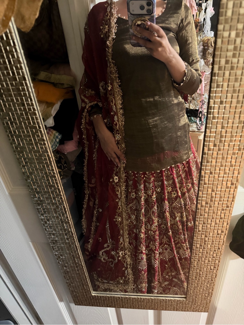Gold and red fully embellished lengha